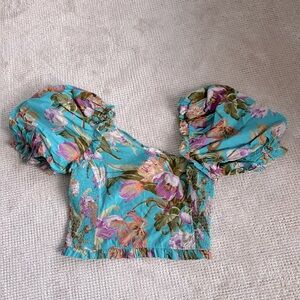Anthropologie Love The Label Floral Puff-Sleeve Blouse Topanga Turquoise,size M